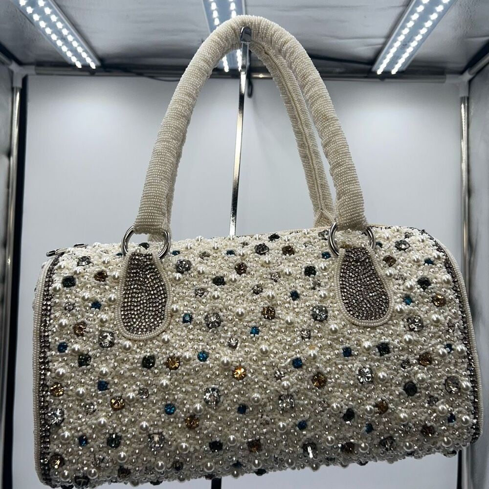 Vintage Addiction Cream Pearl Beaded Rhinestone Evening Bag Double Handles